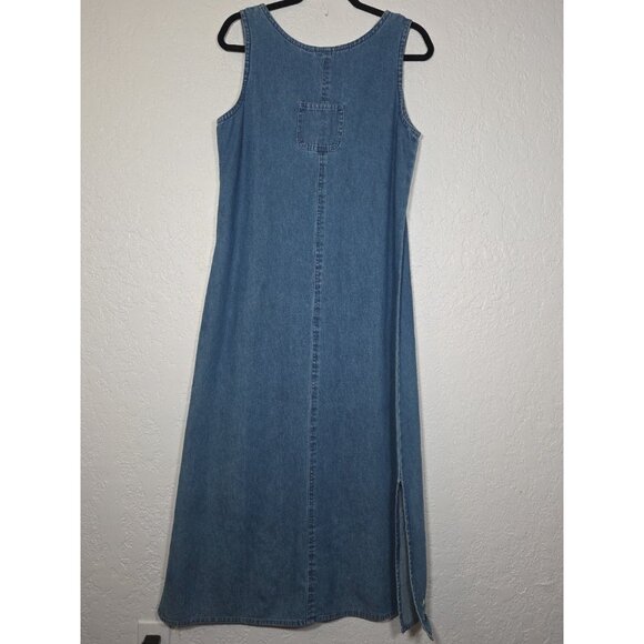 Vtg Agapo Denim Jumper Dress Size S Embroidered Flowers Teacher Countrycore Maxi - Picture 4 of 5